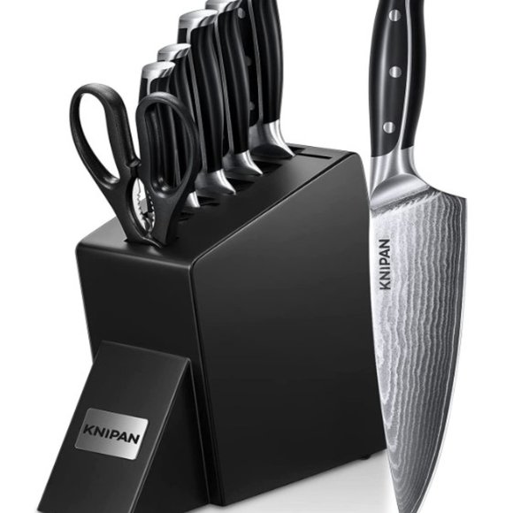 KNIPAN: 7 pc DAMASCUS STEEL - KITCHEN KNIVE - BLOCK SET w/ SCISSORS  (Black) - Picture 1 of 13